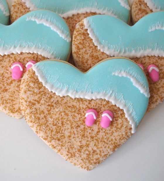 Beachy Heart Cookies – A classic heart shape, a golden sandy beach, a sparkling turquoise ocean, and some flip flops. Pure summer