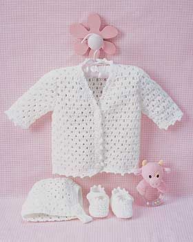Beautiful set to crochet for baby with matching cardigan, bonnet, and booties. Truly a keepsake crocheted in Bernat Softee Baby.