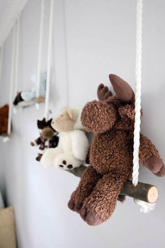 Branch Swing Shelves – For my woodland-themed nursery, I decided to bring the outdoors in once again with these whimsical branch