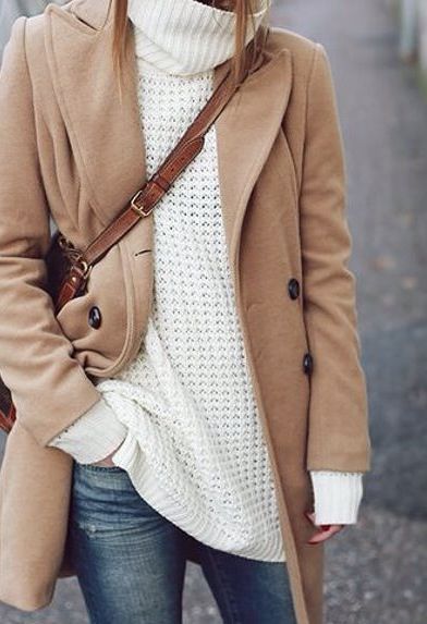 Camel Coat / Denim / White Knit Sweater