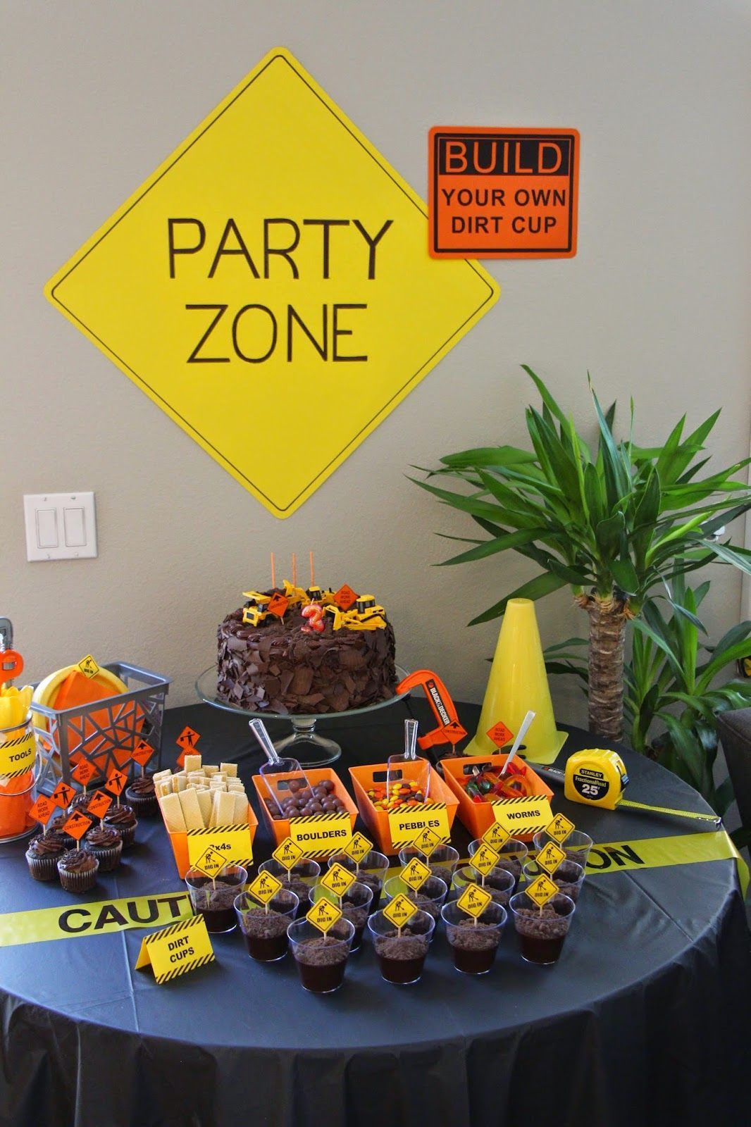 Construction Birthday Party Dessert Table, Build Your Own Dirt Cup, Cupcakes, Costco Cake, Party Zone Sign