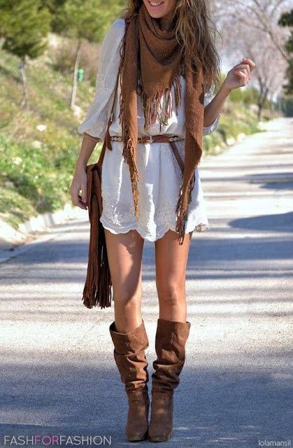 Cool modern hippie fringe scarf & gypsy fun romper with  boho chic leather slouchy boots. For the best BOHEMIAN fashion style