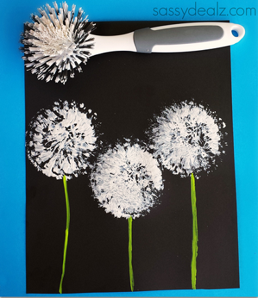 Dish Brush Dandelions – these have gone to seed – a fun project to go along with the blooming yellow fork-painted dandelions!