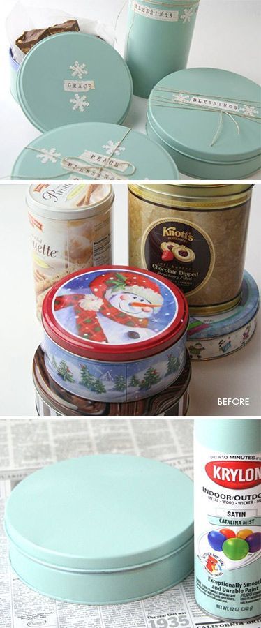 DIY – Upcycling old Tins. Spray paint used was Krylon’s Indoor/Outdoor Satin “Catalina Mist” color. Step-by-Step Tutorial.
