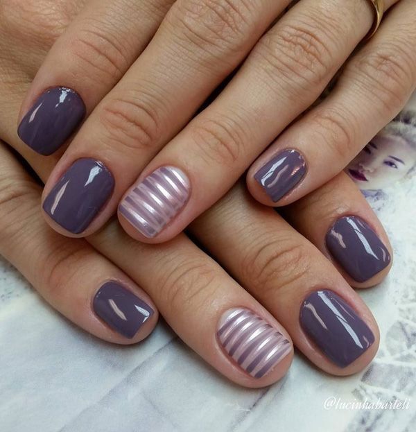 Gray and purple striped nail art design. A cool play on metallic and gray nail polish painted in stripes design with matte purple