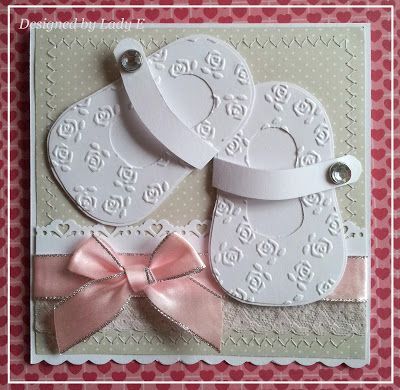 handmade baby shoe card … adorable pair of die cut and flower embossed baby girl Mary Janes … perfect pink bow … sweet look!
