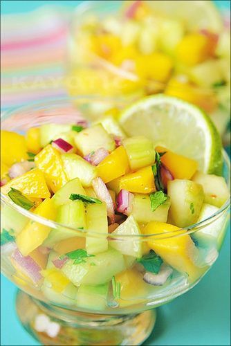 Mango Cucumber Salsa, part of the “Ultimate Caribbean Beach Picnic Spread”,  in my latest ….  “The Wanderlust Food