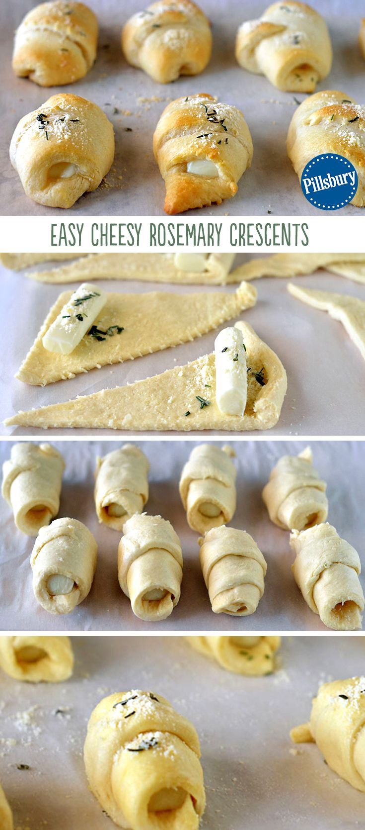 Our taste buds are drooling for this easy side bread! Golden rosemary crescents with a surprise cheesy center make an excellent