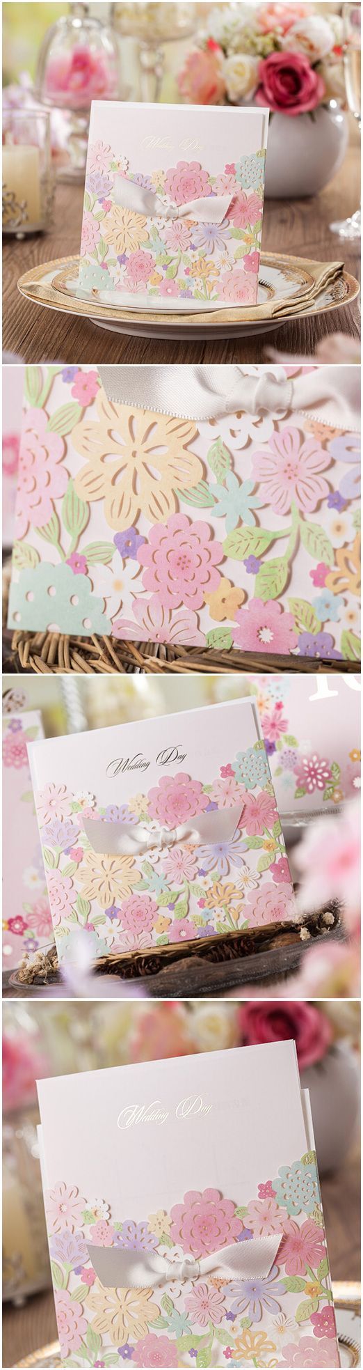 pastel colors inspired floral laser cut wedding invitations for spring and summer