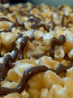 Peanut Butter Popcorn with Chocolate Drizzle – give this as holiday gifts it if last that long!