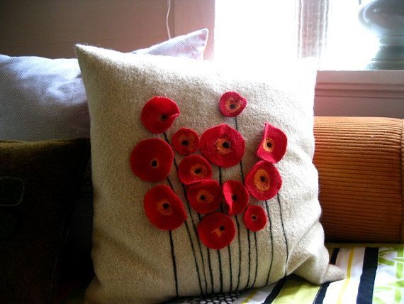 Red Poppy Wool Felt Pillow