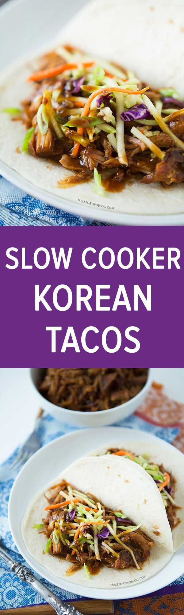 Slow cooker Korean tacos are so easy to make and the results are a tender & flavorful pork wrapped inside a warm tortilla and