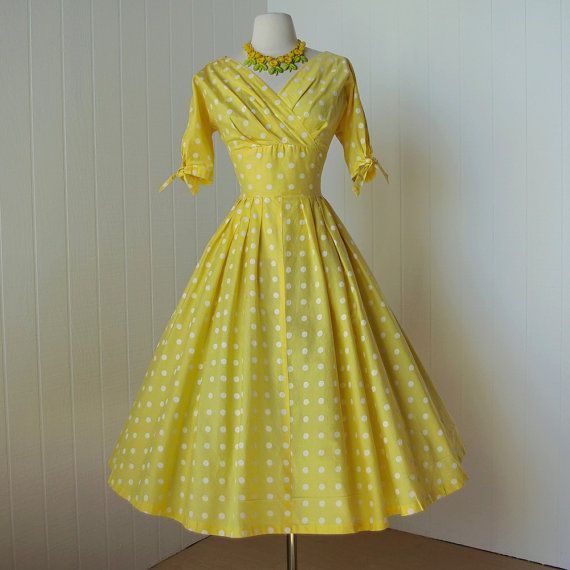 vintage 1950’s dress   classic yellow POLKADOT surplice by traven7