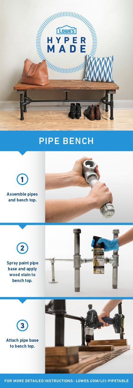 Build this pipe bench in a few easy steps!  For more detaied instructions, go to www.lowes.com/…