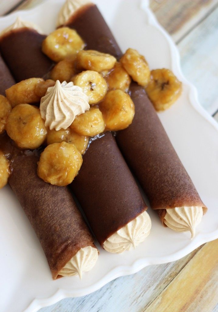 CHOCOLATE CREPES WITH PEANUT BUTTER MARSHMALLOW FILLING AND CARAMELIZED BANANAS!
