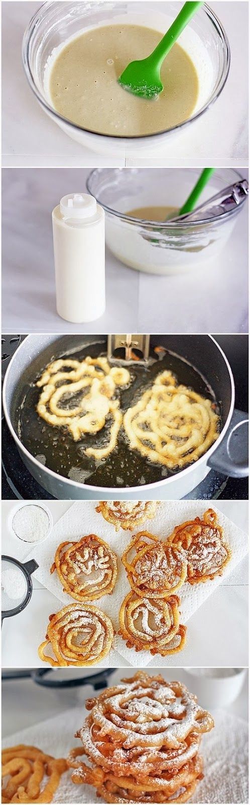 DIY Mini Funnel Cakes …pancake mix, squirt bottle & oil deep enough for the mix to float in while frying.