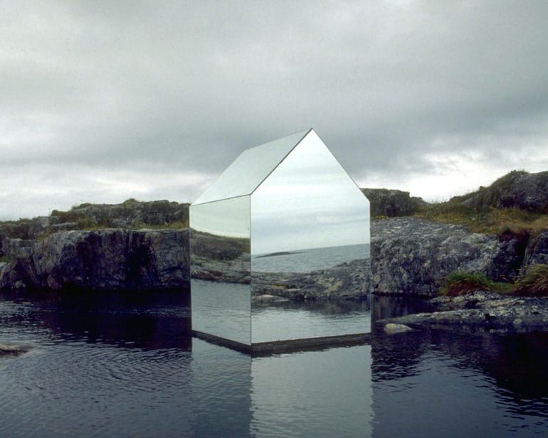 Ekkehard Altenburger.  Mirrorhouse,1996.  Temporary installation on the Isle of Tyree in Scotland. Work was placed in natural lake