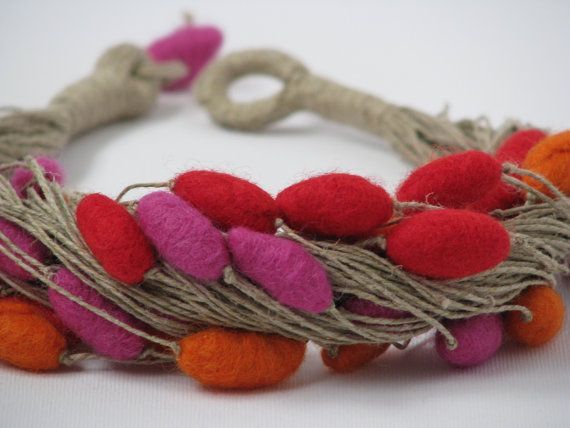 Felt Colorful Unique Linen Necklace with Felted Beads Jewelry