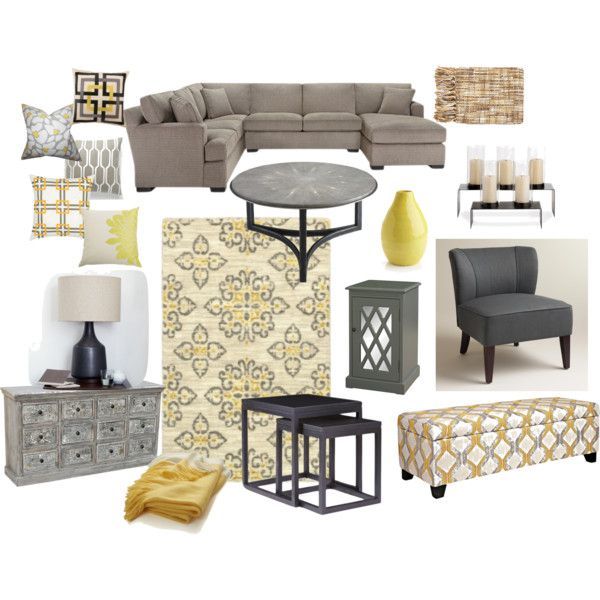 “Grey and yellow living room” by avivavikstrom on Polyvore