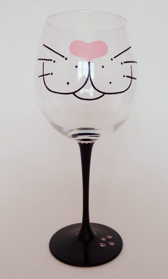 Handpainted Cat Face Wine Glass by OriginalsbyAmandaO on Etsy, $15.00