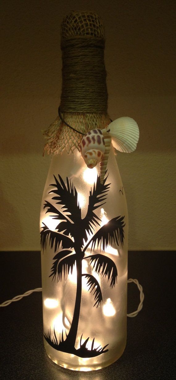 Lighted Wine Bottle/ Decoration/ Gift/ Beach House – Beach Palm Tree/ Frosted Glass with Burlap, Jute and