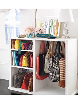 Love this idea for an entry way or large closet. Take a dresser, remove drawers and add shelves. Good for bags, clutches and/or
