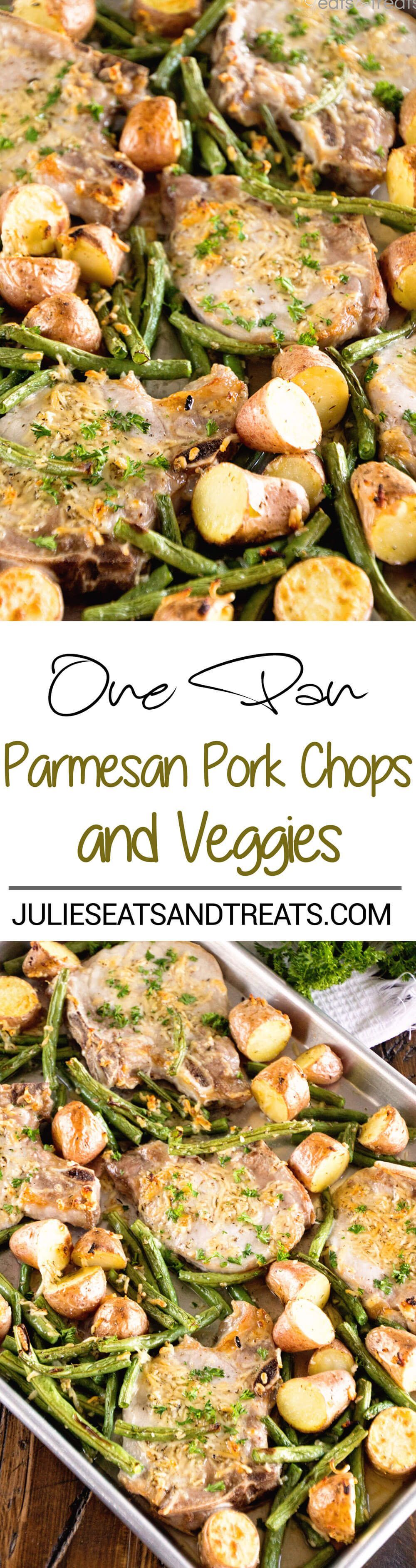 One Pan Parmesan Pork Chops and Veggies Recipe ~ Juicy Pork Chops Baked in the Oven with Potatoes and Veggies Seasoned with