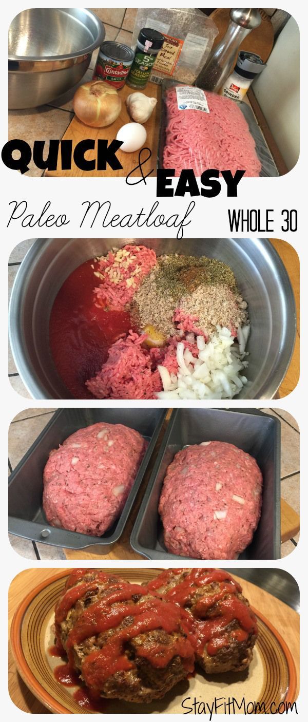 Paleo Meatloaf For the Meatloaf: 3 lbs ground beef 1 egg 1 med onion 2 cloves garlic 1 8oz can tomato sauce 1/2 cup almond meal or