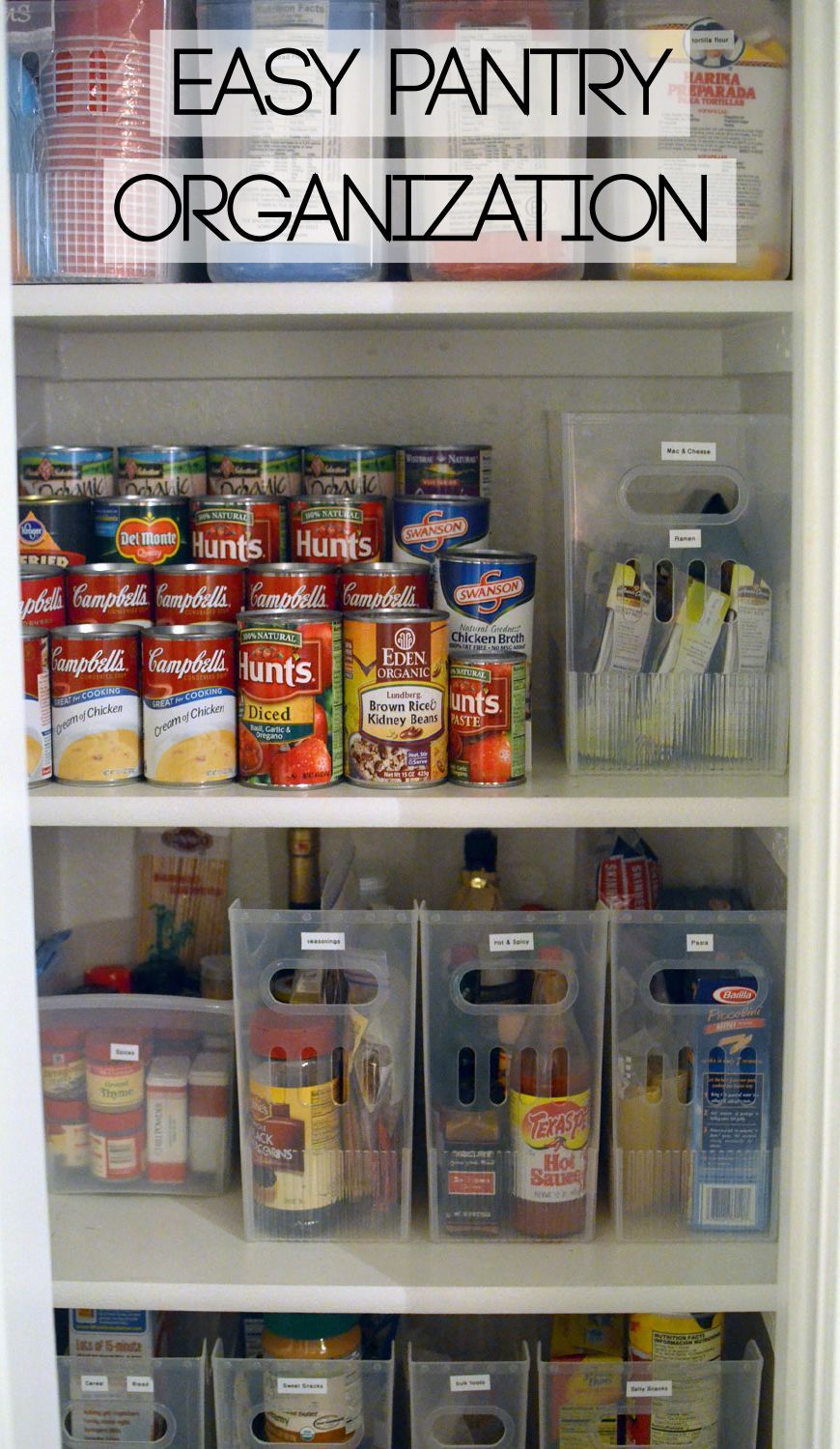 Pantry organization, uses under shelf baskets and multi purpose bins from the container store