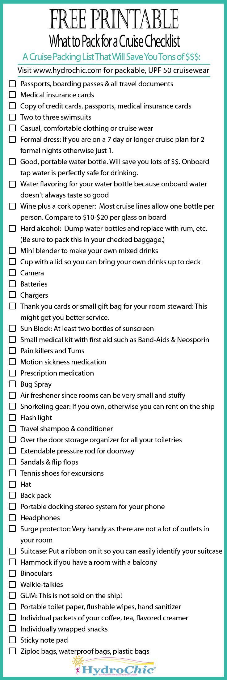 Printable checklist of what to pack for a cruise that will save you lots of $$$.