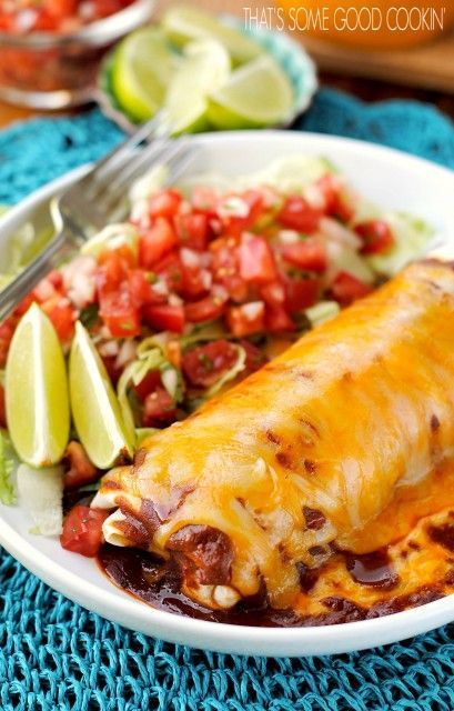 Smothered Burritos – Burrito filled with seasoned ground beef, beans and rice, then topped with spicy sauce and lots of cheese!
