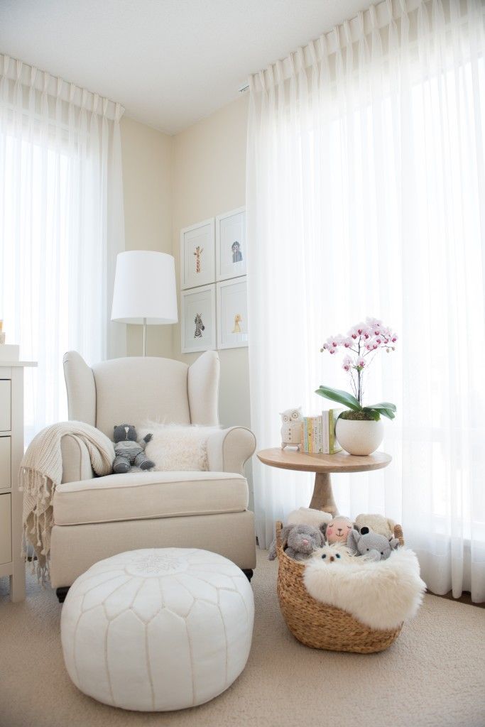 Soft and Serene Nursery Nook featuring modern rocker and accents – love the gender neutral look!