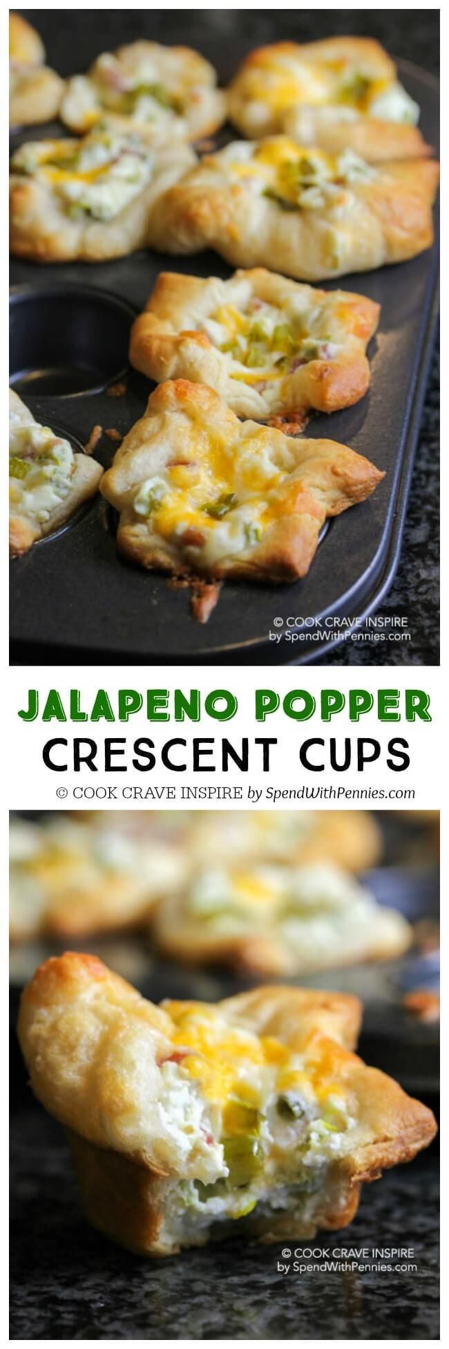 These Jalapeno Popper Crescent cups are the hit of every party and so easy to make! These creamy, cheesy and spicy little two-bite