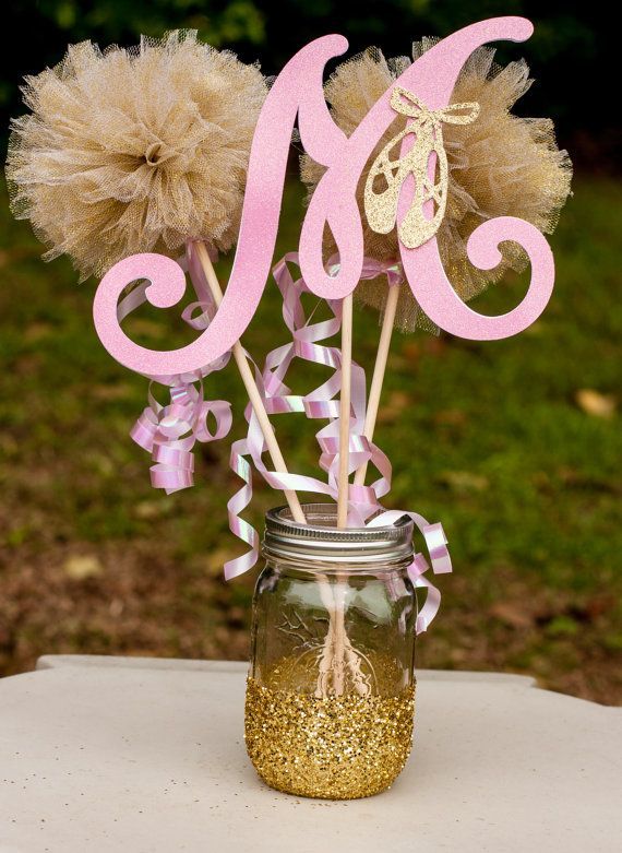 This listing is for a custom ballerina centerpiece. You choose number. You will receive:  1 Letter stick made from glittery card