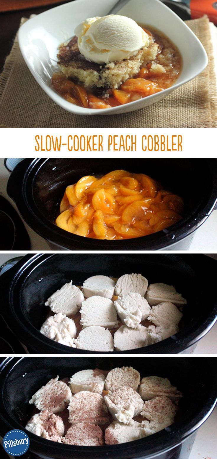 This Super-Simple Slow-Cooker Peach Cobbler can be made without heating up the house! Enjoy this dessert with cooling vanilla ice