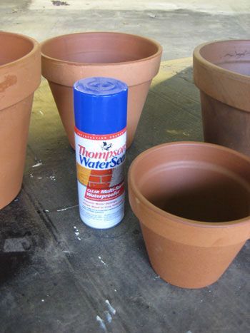 Thompson’s Water Seal from Lowe’s which isor sealing terra cotta pots so they can be painted. $4 Spray it all along the inside