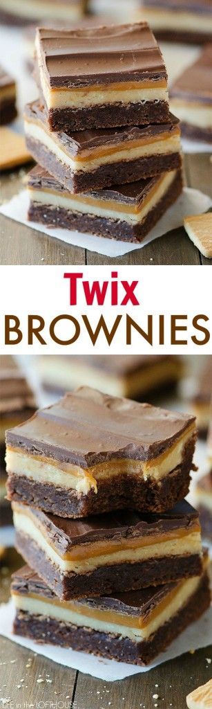 Twix Brownies – Amazing brownies with a caramel and shortbread layer, just like the candy bar! Click through for recipe!