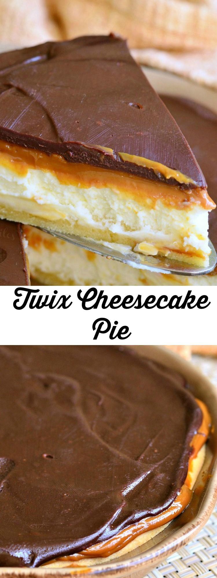 Twix Cheesecake Pie! Heavenly cheesecake pie made to taste like a favorite Twix candy bar.