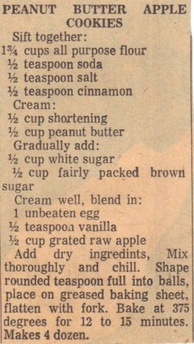 Vintage Recipe Clipping For Peanut Butter Apple Cookies