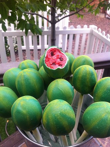 Watermelon Cake Pops – shape was just hand-formed. They are double dipped…white first (then dried) and then Wilton green melts.