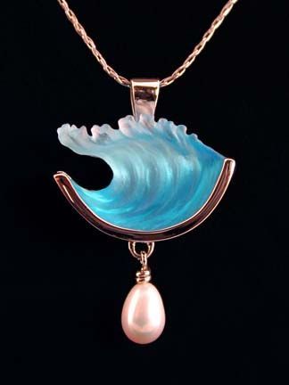 Wave Pearl Pendant by Matt Bezak…his designs combine lost wax cast glass, precious metals and fine gemstones.