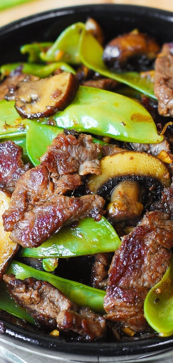 Asian Beef with Mushrooms & Snow Peas in a homemade Asian sauce ~ delish and easy-to-make! Tender mushroom
