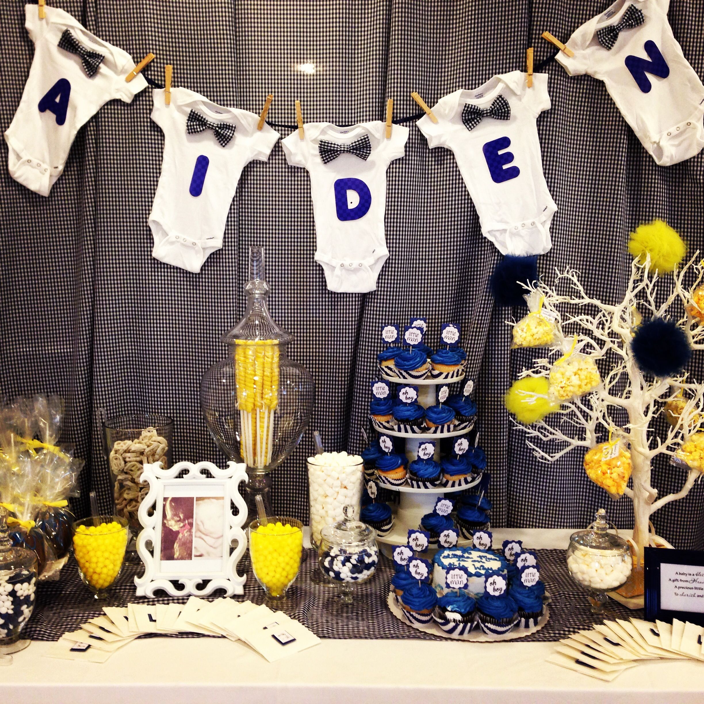 Candy bar table. Bow tie themed baby shower. Little man. Blue and yellow.