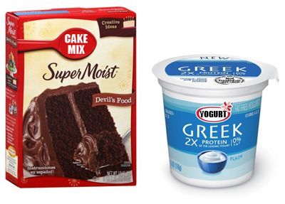 Combine 1 boxed cake mix, 1 cup plain greek yogurt and 1 cup water. Mix together and bake according to directions on the cake mix