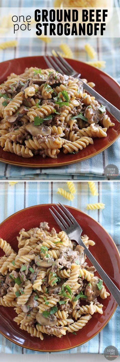 Comforting and humble, this One Pot Ground Beef Stroganoff is full of beefy flavor.  And there is only one
