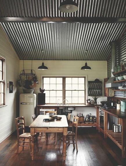 Corrugated ceiling, end grain flooring, open cabinets, vintage industrial lighting