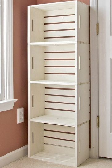 DIY crate bookshelf made from wooden crates from the craft store (Michaels under $13)- closet?