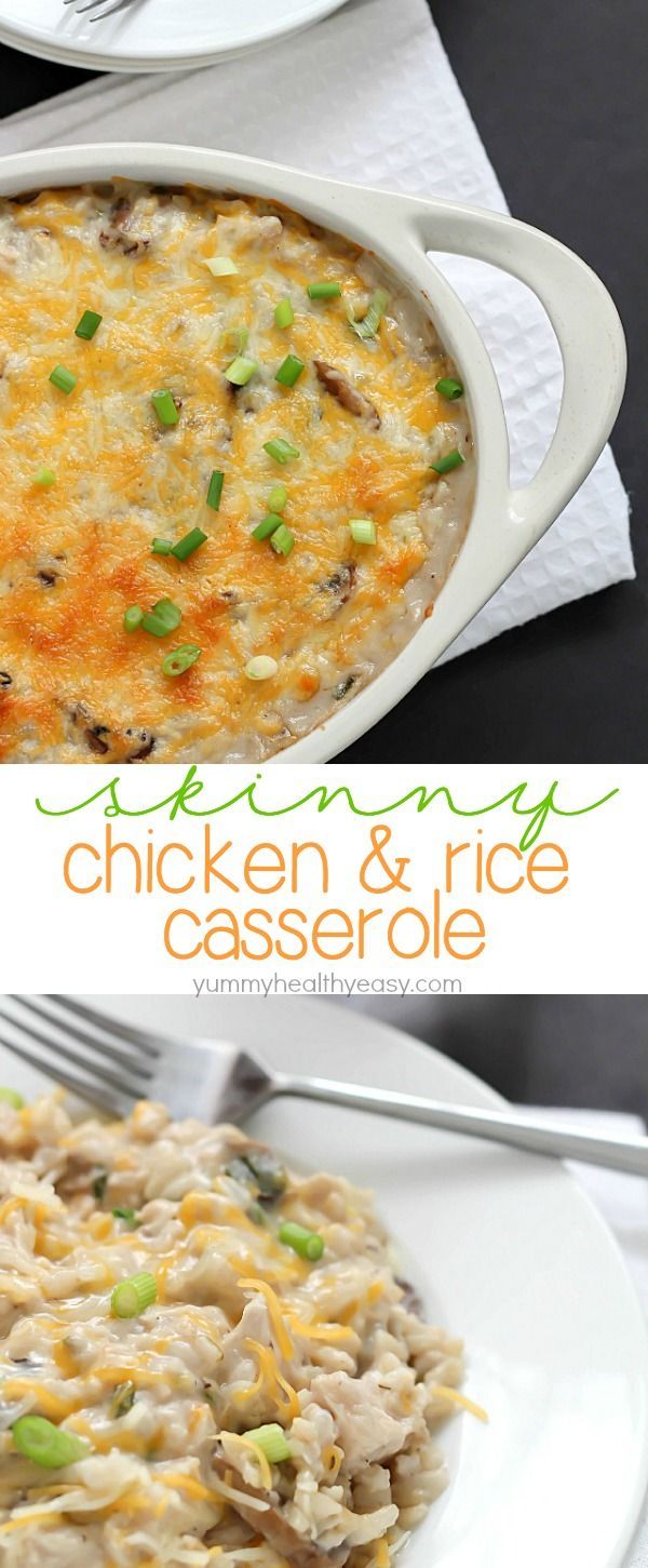 Easy Skinny Chicken and Rice Casserole using NO cream soups and made in about 30 minutes! Put this on your