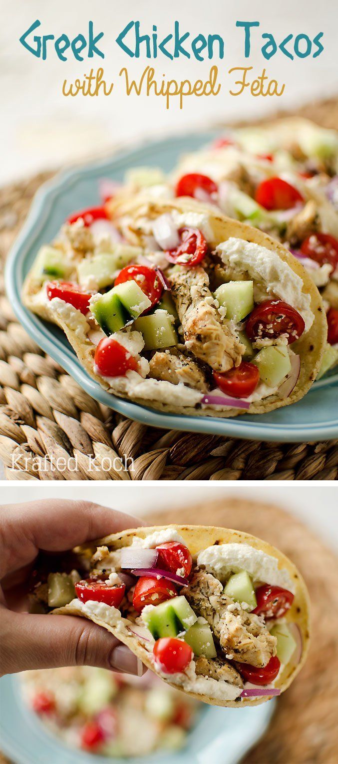 Greek Chicken Tacos with Whipped Feta – Krafted Koch – Soft corn tortillas filled with Mediterranean spice