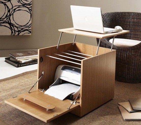 Home Office Designs For Small Spaces. All in one laptop/printer table. Great idea.